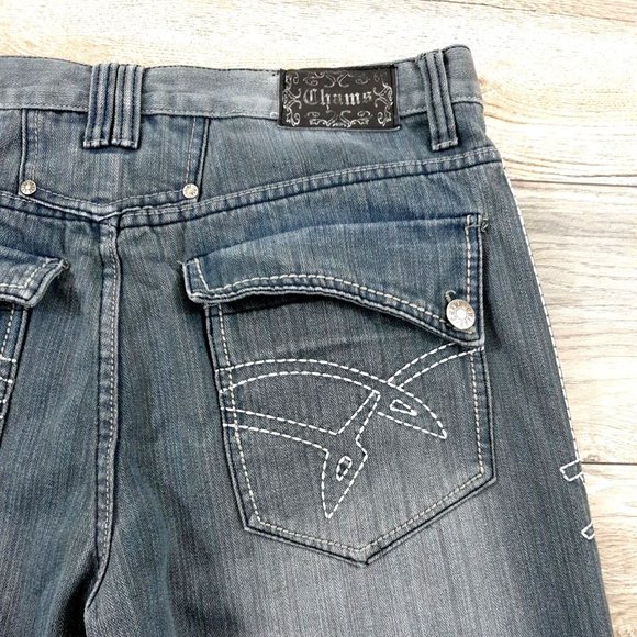 Chams Denim Jeans Men Women 36x28 Gray Distress Embriodered Casual Relaxed Wide - Picture 12 of 12